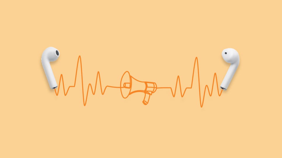Pair of airpods laying on a light orange solid background with illustrated lines and a megaphone in between them