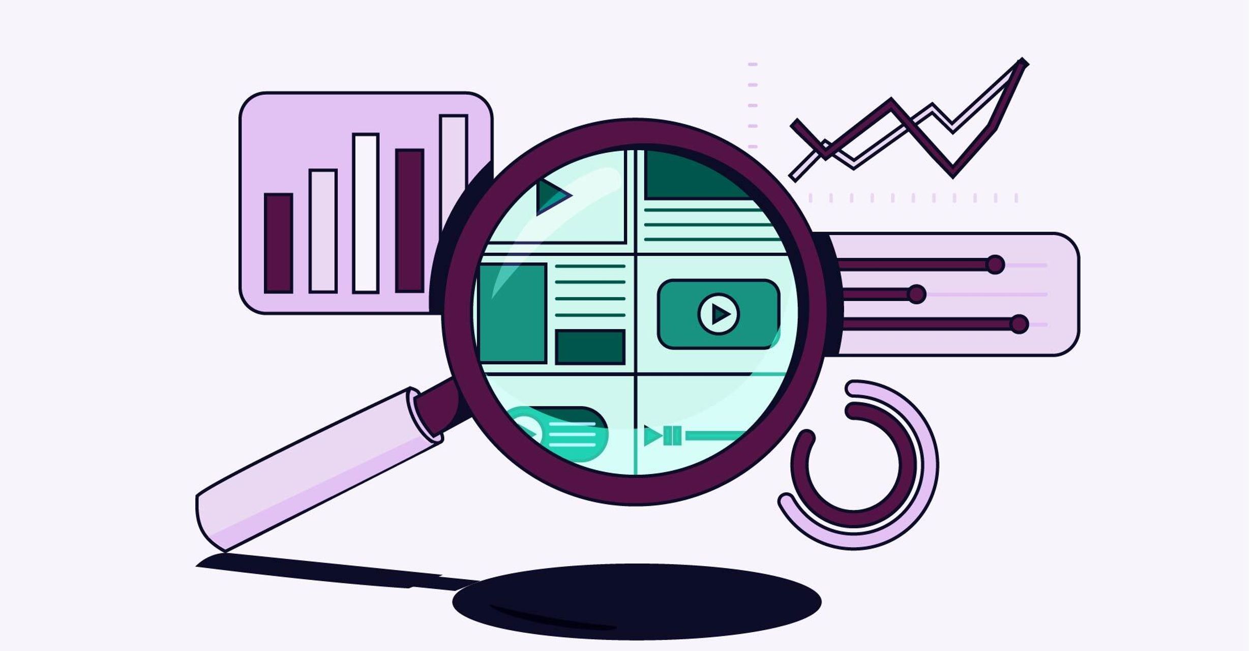 Illustration of a magnifying glass over digital content icons, surrounded by charts and graphs, representing data analysis and online research.