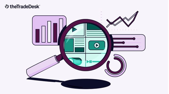 Illustration of a magnifying glass over digital content icons, surrounded by charts and graphs, representing data analysis and online research with The Trade Desk logo in the upper left hand corner.