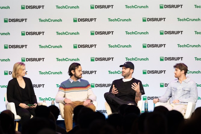 Drew Taggart and Alex Pall of The Chainsmokers, joined by Dan Lorenc, the founder of Chainguard on stage at TechCrunch Disrupt 2024 Day 2 on Tuesday, Oct. 29, 2024 in San Francisco. (Photo by Barak Shrama/ Slava Blazer Photography)