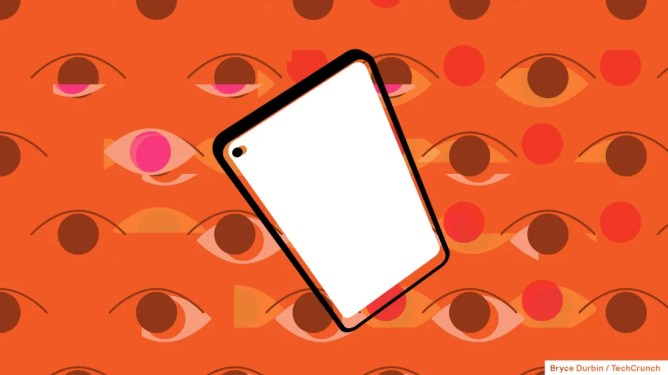 An illustration showing an Android cellphone and creepy eyes in the background.