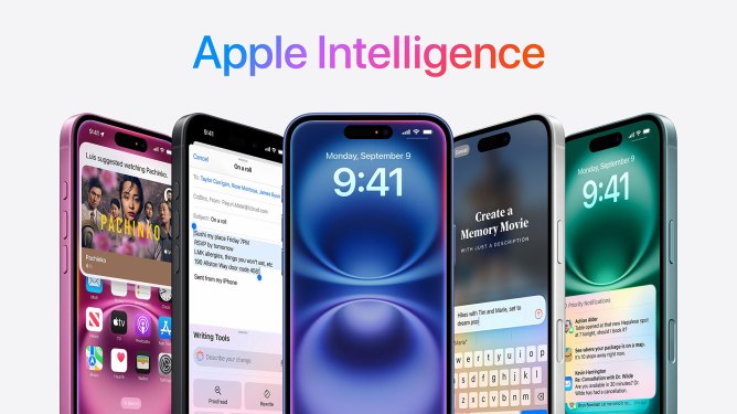 array of iPhones with Apple Intelligence logos above