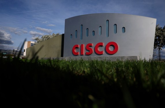 The Cisco logo is displayed in front of Cisco headquarters on February 09, 2024 in San Jose, California.