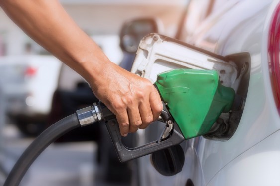 Hand holds Fuel nozzle to add fuel in the car at the gas station.