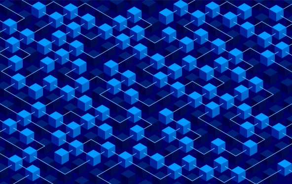 Blockchain nodes as blue cubes.