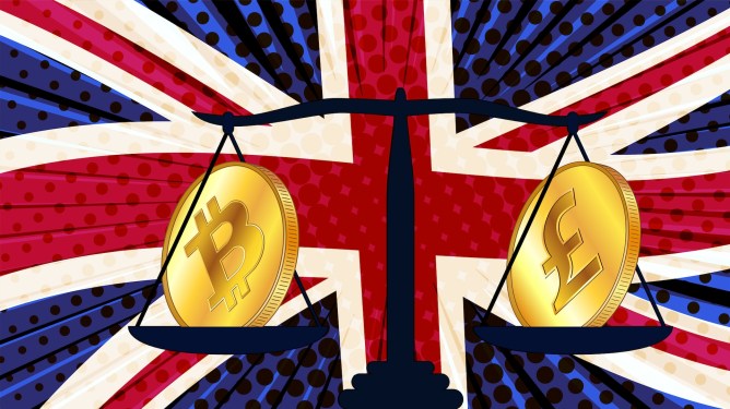 Bitcoin and British pound on scales and colored flag of Great Britain