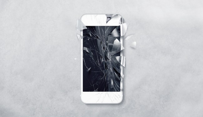 Broken mobile phone screen, scattered shards. Smartphone monitor damage mock up. Cellphone crash and scratch. Telephone display glass hit. Device destroy problem. Smash gadget, need repair.