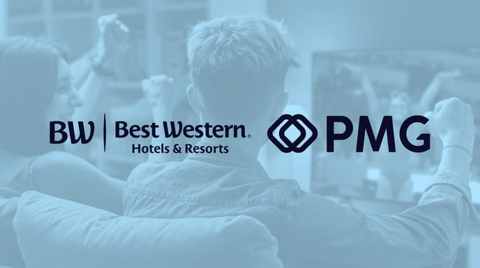 Group of people watching gymnastics at the Winter Games on their television, with a blue overlay and "Best Western" and "PMG" logos over top
