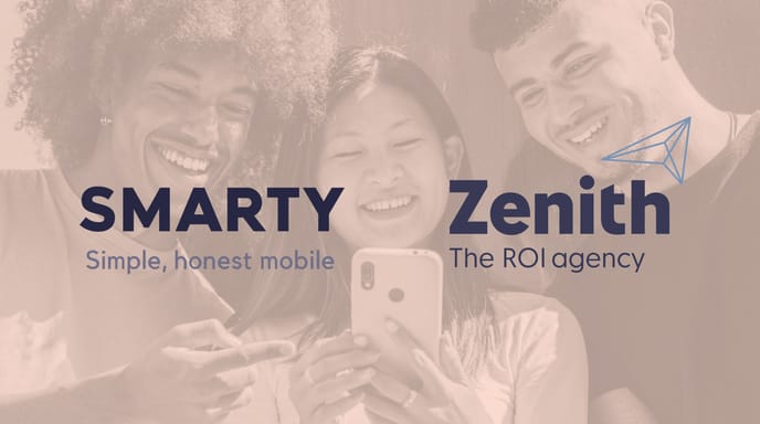 Three people staring at a phone with SMARTY and Zenith logos placed over top