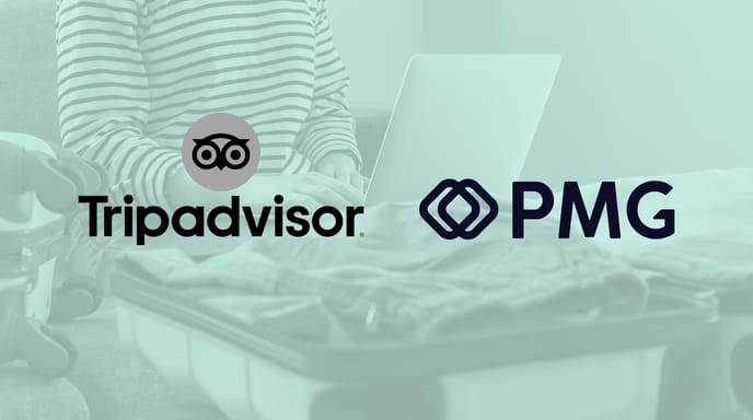 Woman typing on a laptop with two suitcase open, while packing, with a green overlay and Tripadvisor + PMG logos over top.