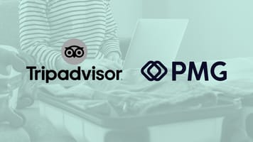Woman typing on a laptop with two suitcase open, while packing, with a green overlay and Tripadvisor + PMG logos over top.
