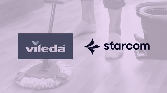 Purple graphic of a person mopping with Vildeda and Starcom logos placed over