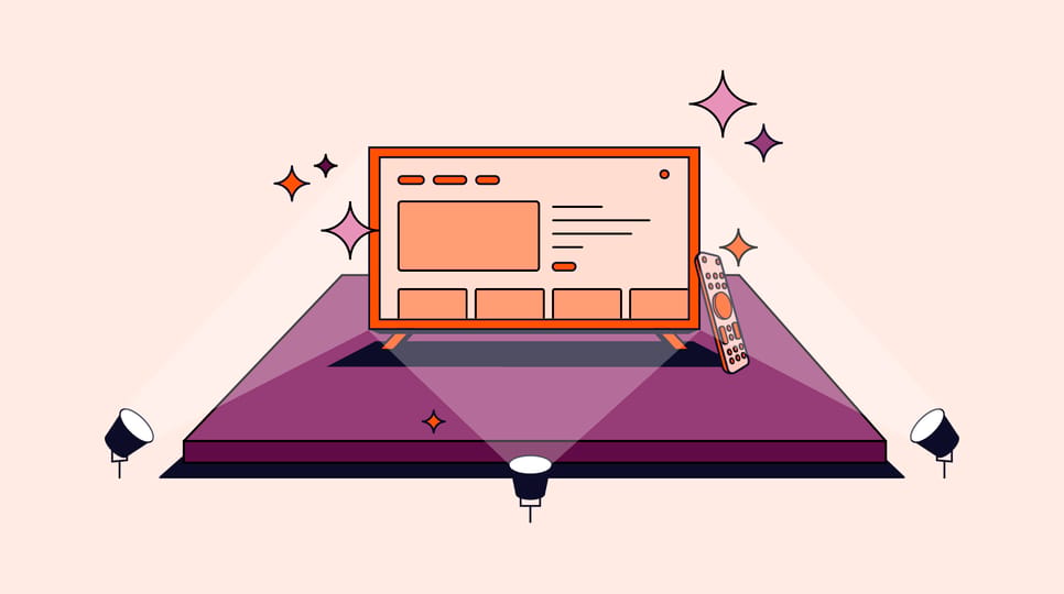 Illustration of a digital TV interface on a pedestal under spotlights, surrounded by sparkles, with a remote control leaning against the screen.