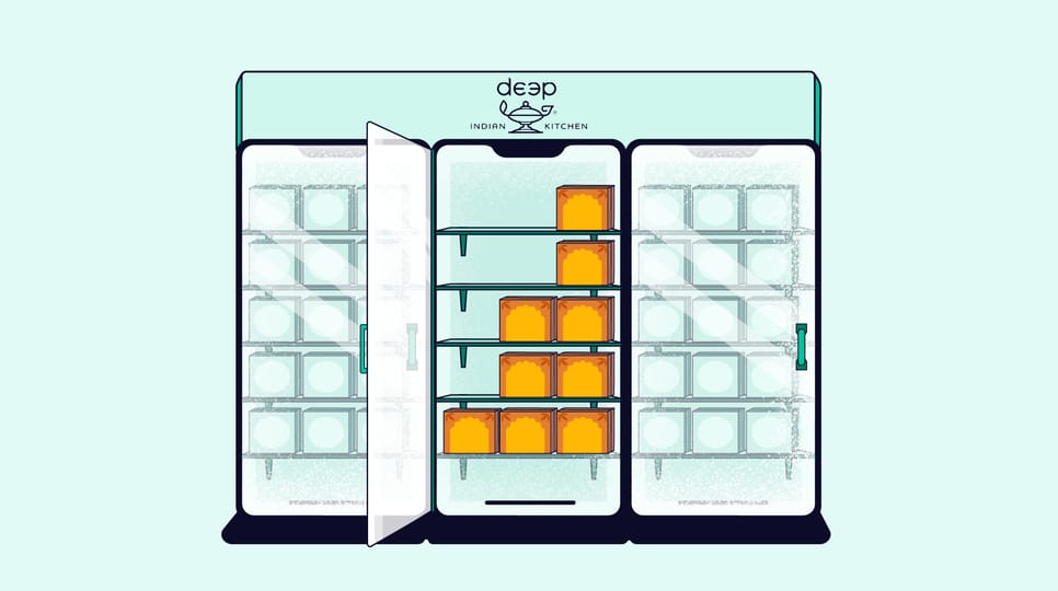 Green illustration of grocery store aisle refrigerators holding food