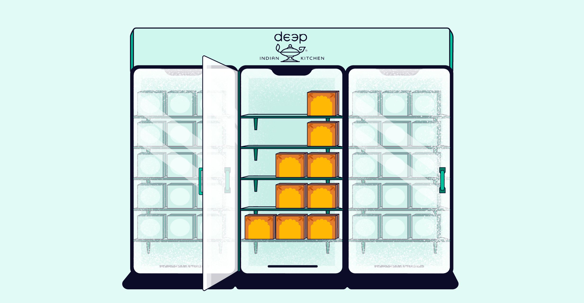 Green illustration of grocery store aisle refrigerators holding food