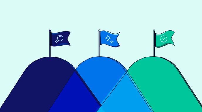 An illustration showing three abstract mountain shapes that converge with each other. Atop each mountain sits a flag with a magnifying glass icon, an AI icon, and a check mark icon.