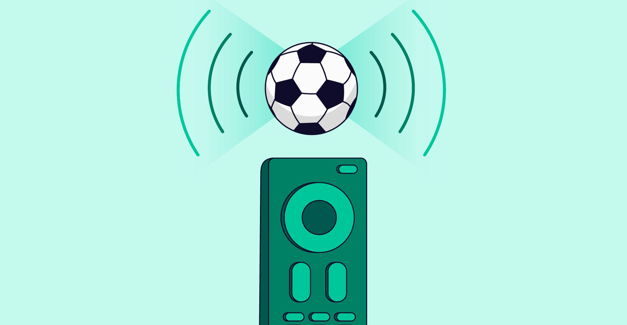 A football sits on top of a broadcast tower with internet lines emanating out of it. The base of the broadcast tower is a TV remote.