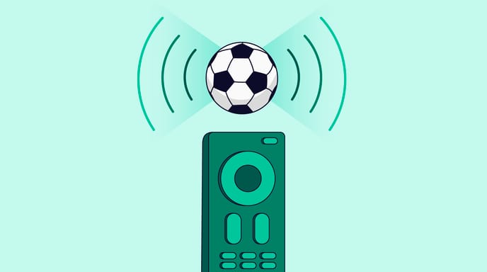 A football sits on top of a broadcast tower with internet lines emanating out of it. The base of the broadcast tower is a TV remote.