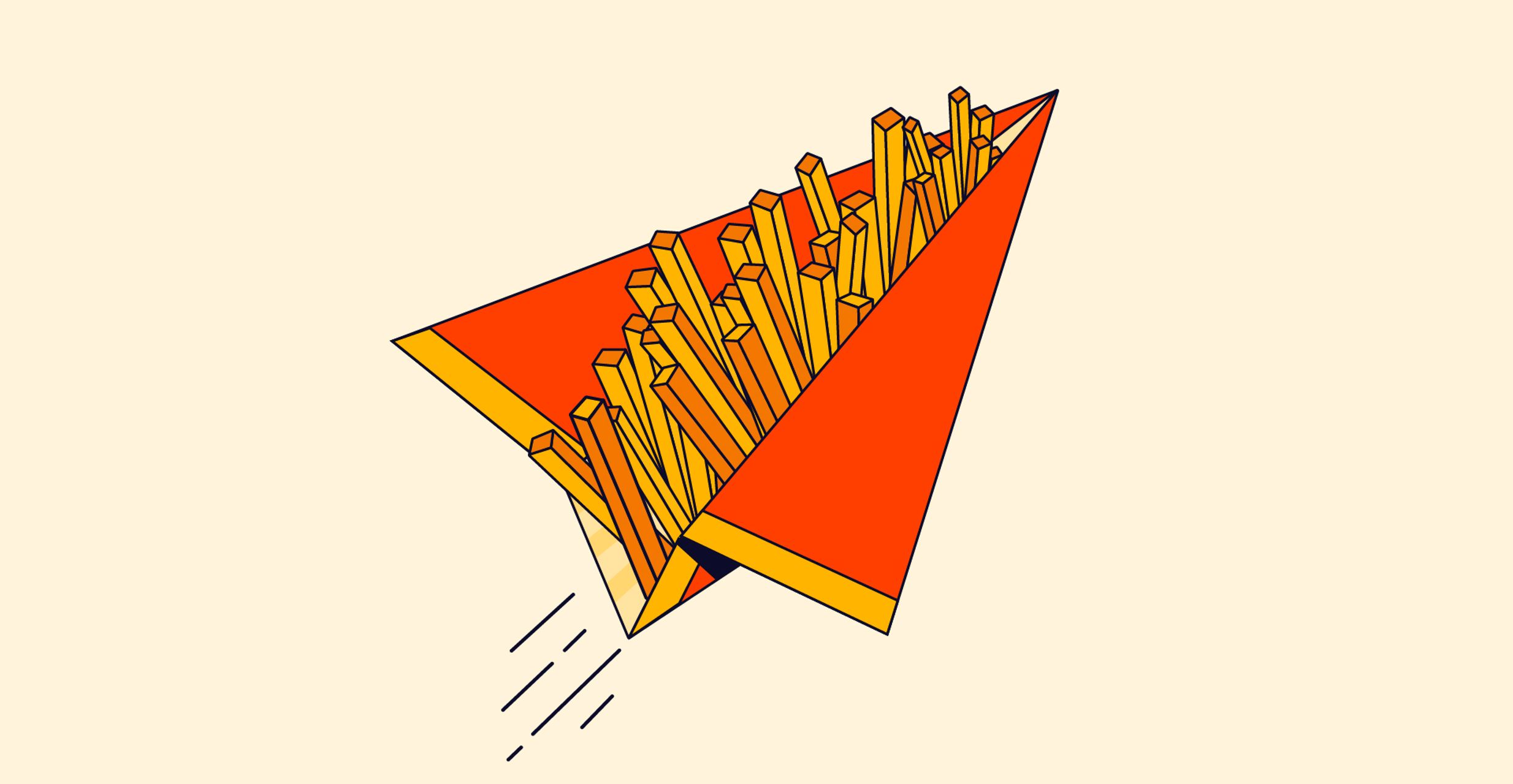 Illustration of a red paper airplane filled with French fries, flying upwards.