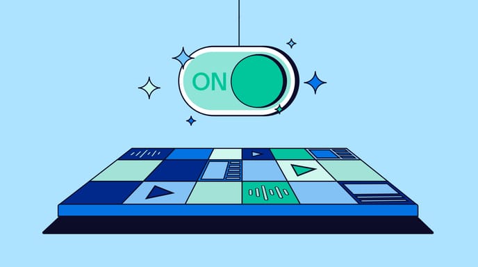 Die Grafik zeigt einen „ON“-Schalter über einer digitalen Tanzfläche vor hellblauem Hintergrund