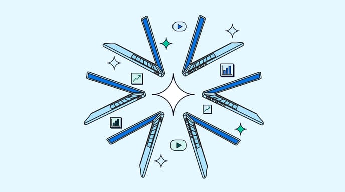 Laptops, media formats, AI sparkles, and data form the shape of a snowflake.