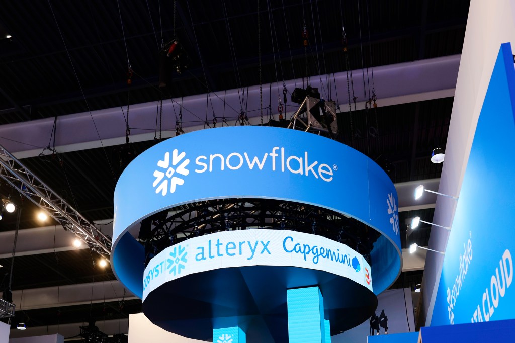 The Snowflake Inc logo, which represents the American cloud computing-based data company that offers cloud-based storage and analytics services, is being displayed on their pavilion at the Mobile World Congress 2024 in Barcelona, Spain, on February 28, 2024.