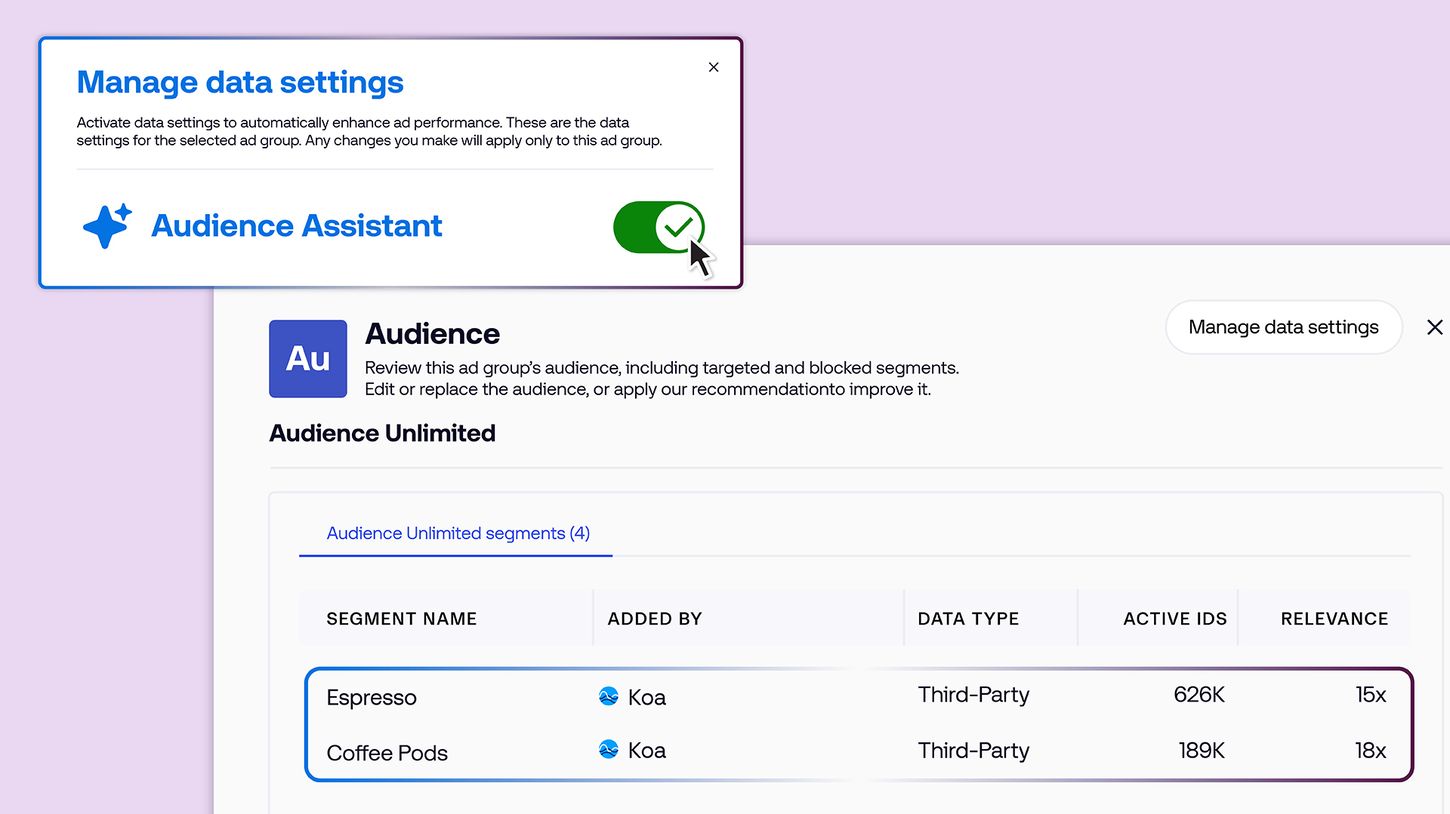 User interface showing The Trade Desk Audience Assistant data settings with audience segment recommendations and activation controls for ad group optimization.