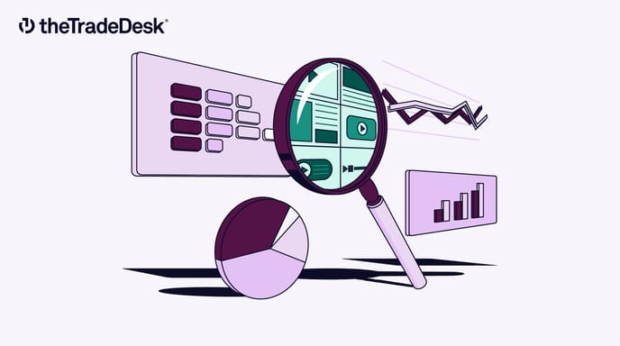 Illustration of a magnifying glass over digital charts, including pie and bar charts, conveying data analysis and research insights in purple tones. The Trade Desk logo sits at the top left hand corner.