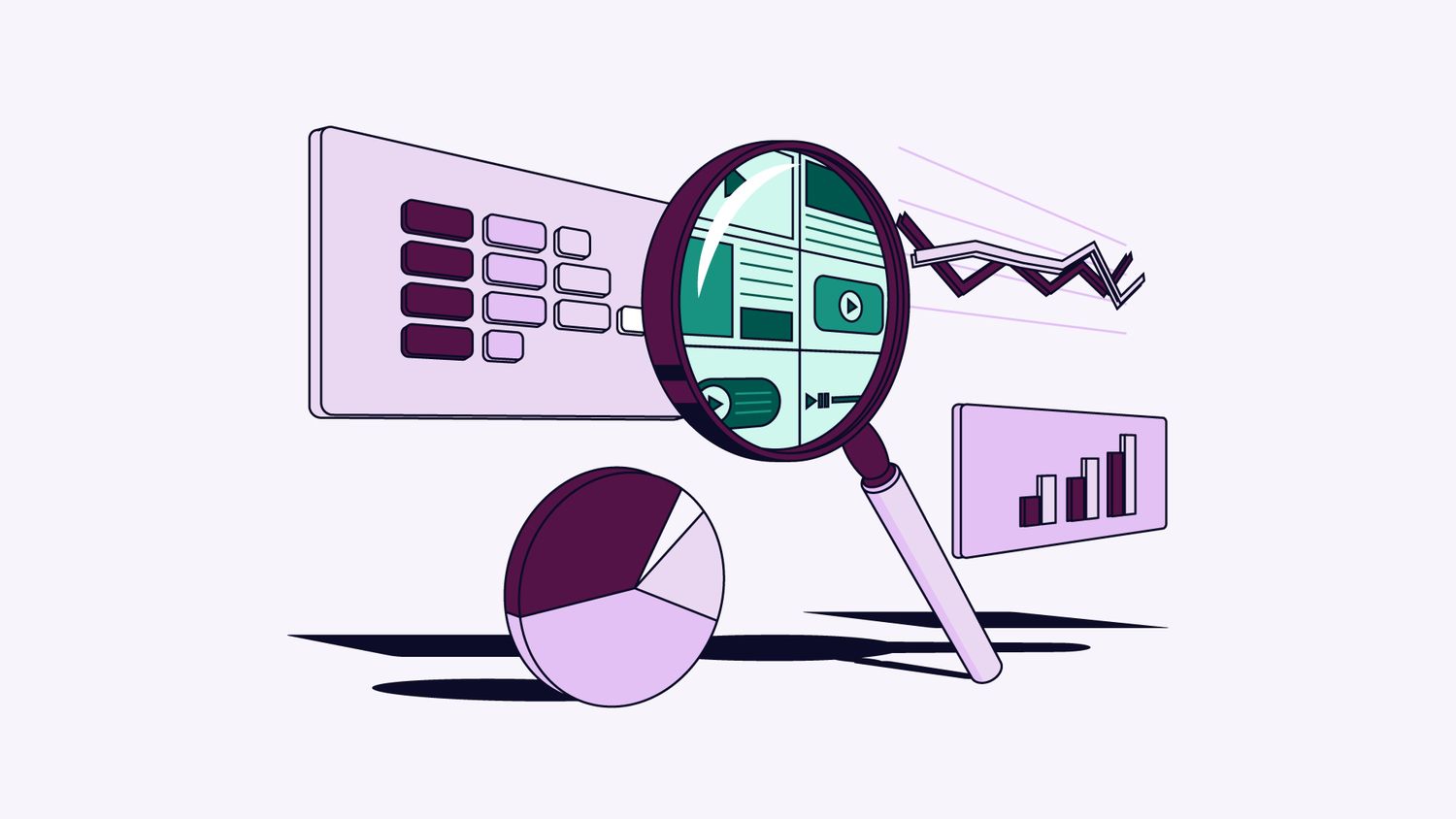 Illustration of a magnifying glass over digital charts, including pie and bar charts, conveying data analysis and research insights in purple tones.