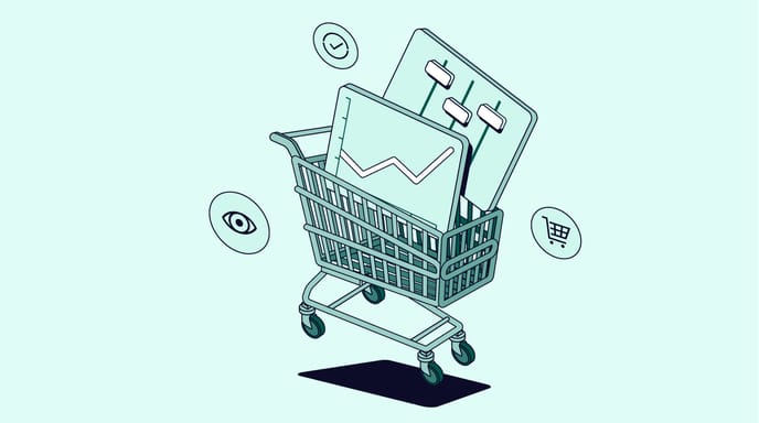 Green graphic of a shopping cart and various retail logos