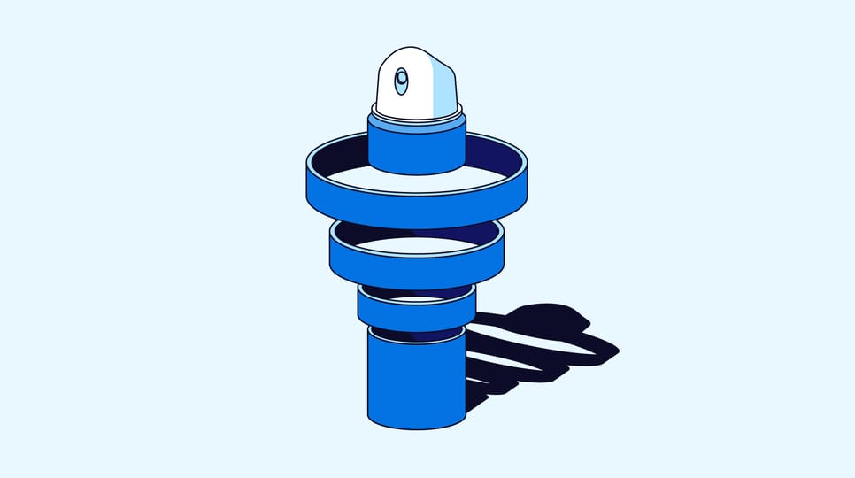 Illustrated blue mechanical component with stacked circular rings and a cylindrical base casting a shadow on a light background.