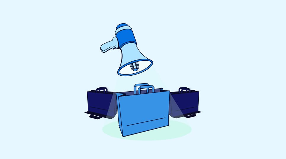llustration of megaphone above briefcases, symbolizing brand messaging and business decision influence.