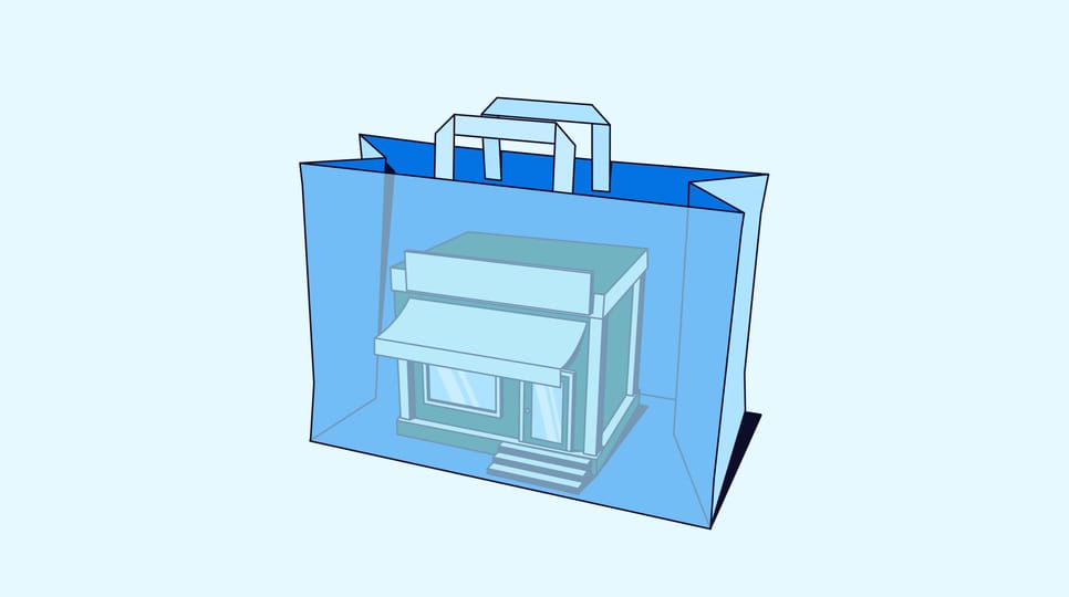 3D illustration of a small storefront placed inside a blue shopping bag, representing retail or ecommerce purchasing.