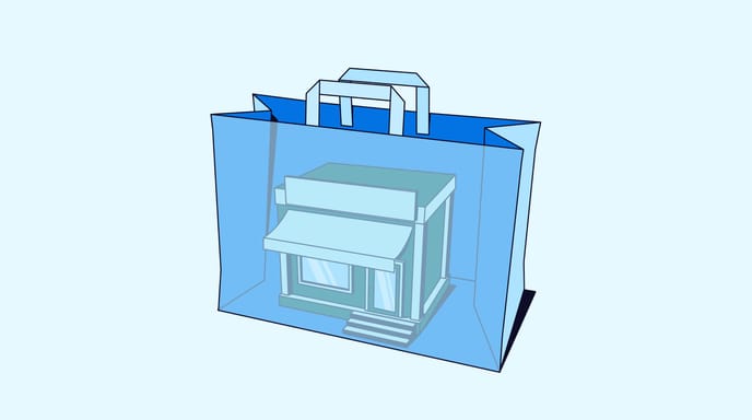 3D illustration of a small storefront placed inside a blue shopping bag, representing retail or ecommerce purchasing.