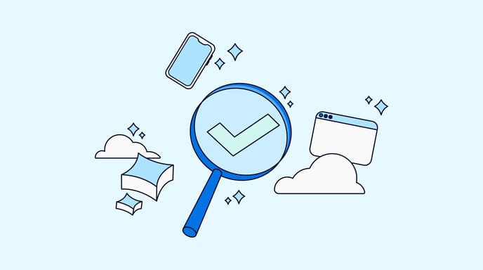 Illustration of a magnifying glass with a checkmark, surrounded by a smartphone, web browser window, and clouds, symbolizing digital verification.