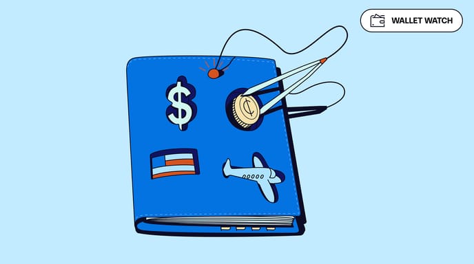 An illustration of a blue wallet with travel and money-themed patches being targeted by a compass tool, symbolizing financial tracking or budget navigation.
