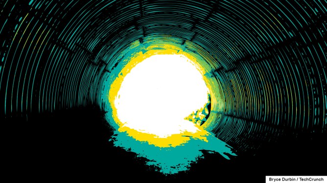 an illustration of an underground tunnel using mostly green, yellow and black, with the brightness of the tunnel exit in the near distance