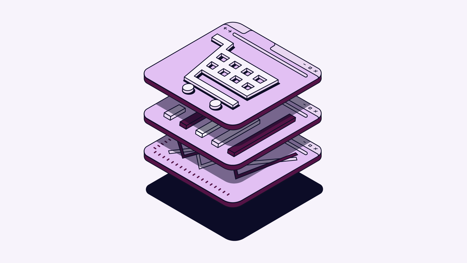 Illustration of stacked digital interface layers with a shopping cart icon representing an e-commerce system.
