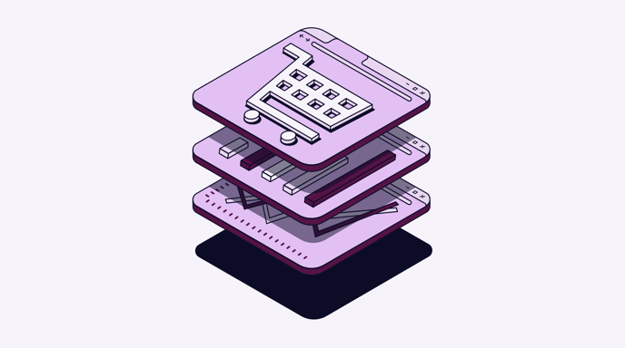 Illustration of stacked digital interface layers with a shopping cart icon representing an e-commerce system.