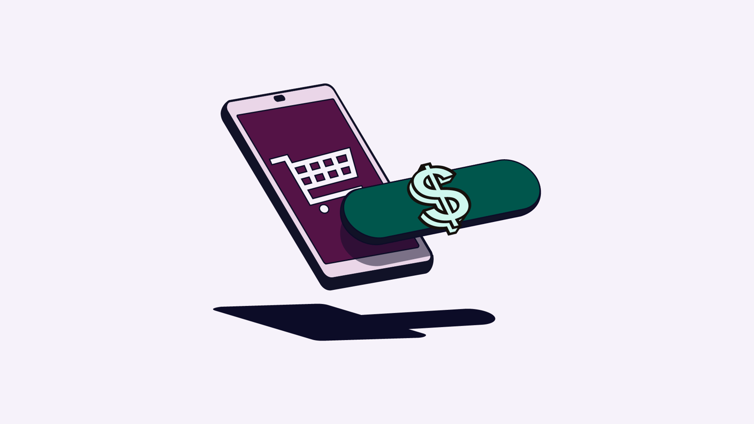 Illustration of a smartphone displaying a shopping cart icon with a dollar sign emerging, representing mobile eCommerce or digital payments.