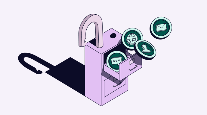 Illustration of an open padlock releasing icons for email, user profile, web, and messaging from drawers, symbolizing access to digital data and online security.