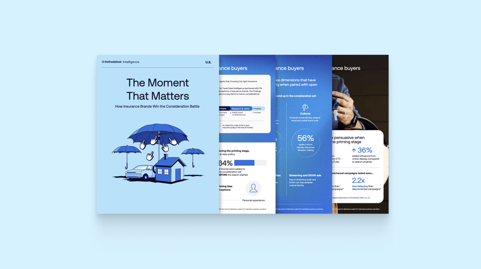 A multi-page marketing report titled The Moment That Matters, featuring insurance industry data, infographics, and statistics on buyer consideration.