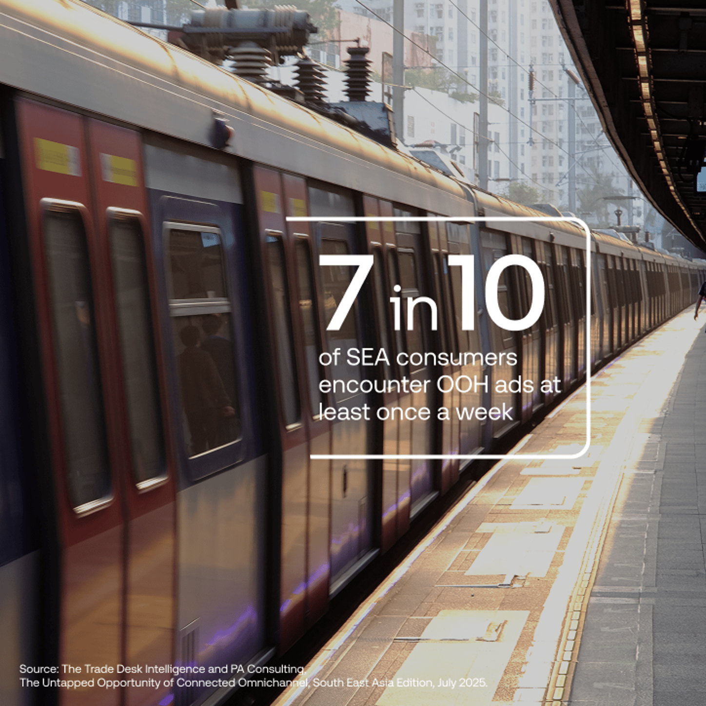 Data vis with a train in the background and a stat in white text over top