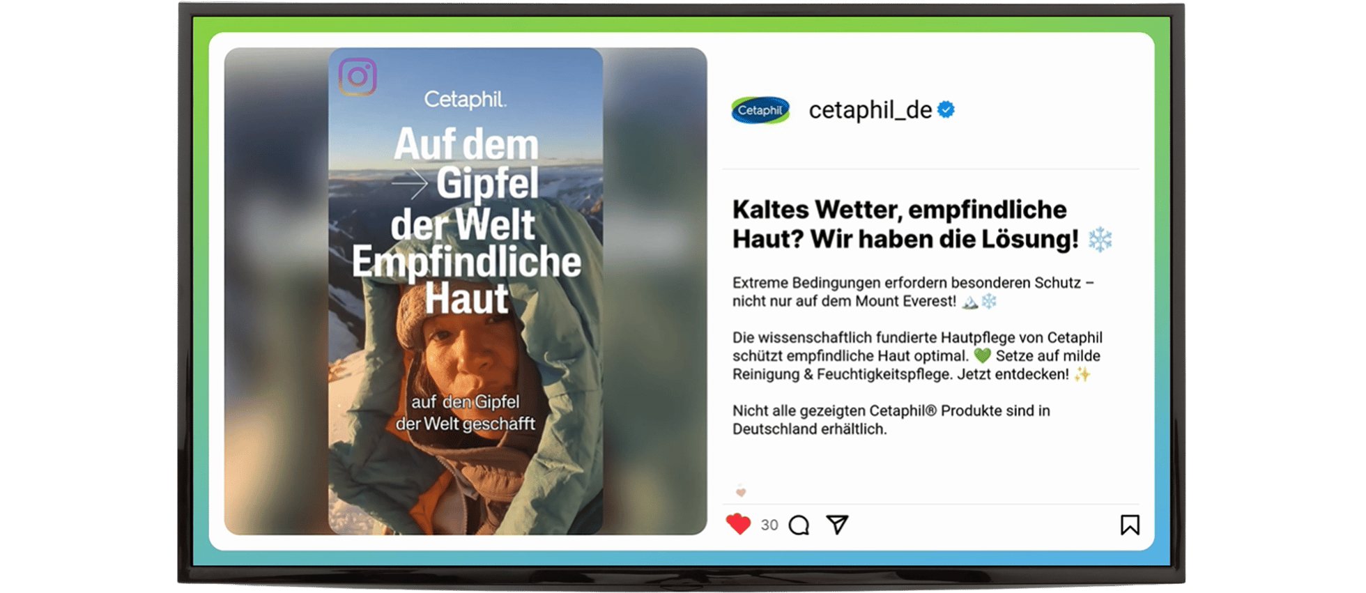 Social media advertisement for Cetaphil shown on a TV screen, highlighting skincare for cold and sensitive skin.