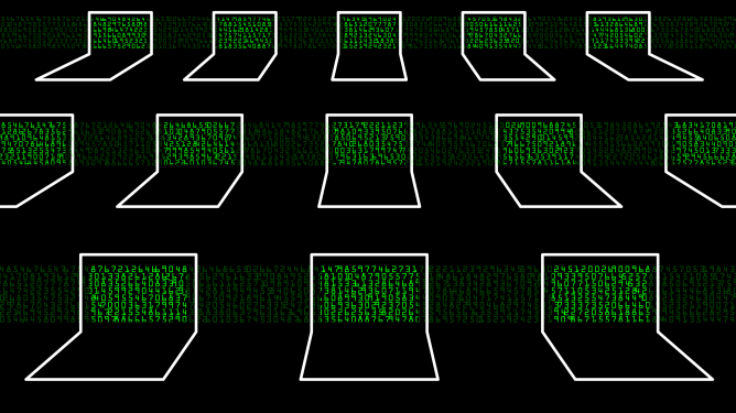 render of laptops displaying green data/code