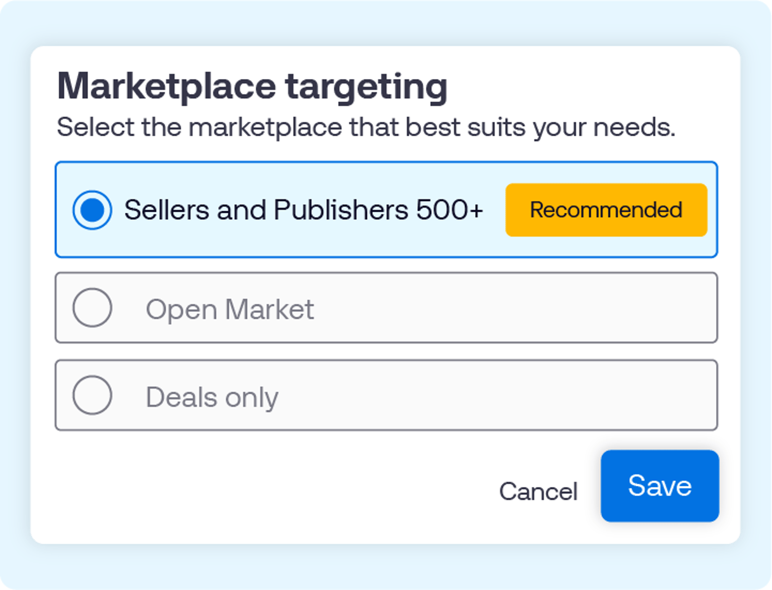 Alt text: Modal titled “Marketplace targeting” showing selectable options for Sellers and Publishers 500+ (recommended and selected), Open Market, and Deals only, with Cancel and Save buttons at the bottom.