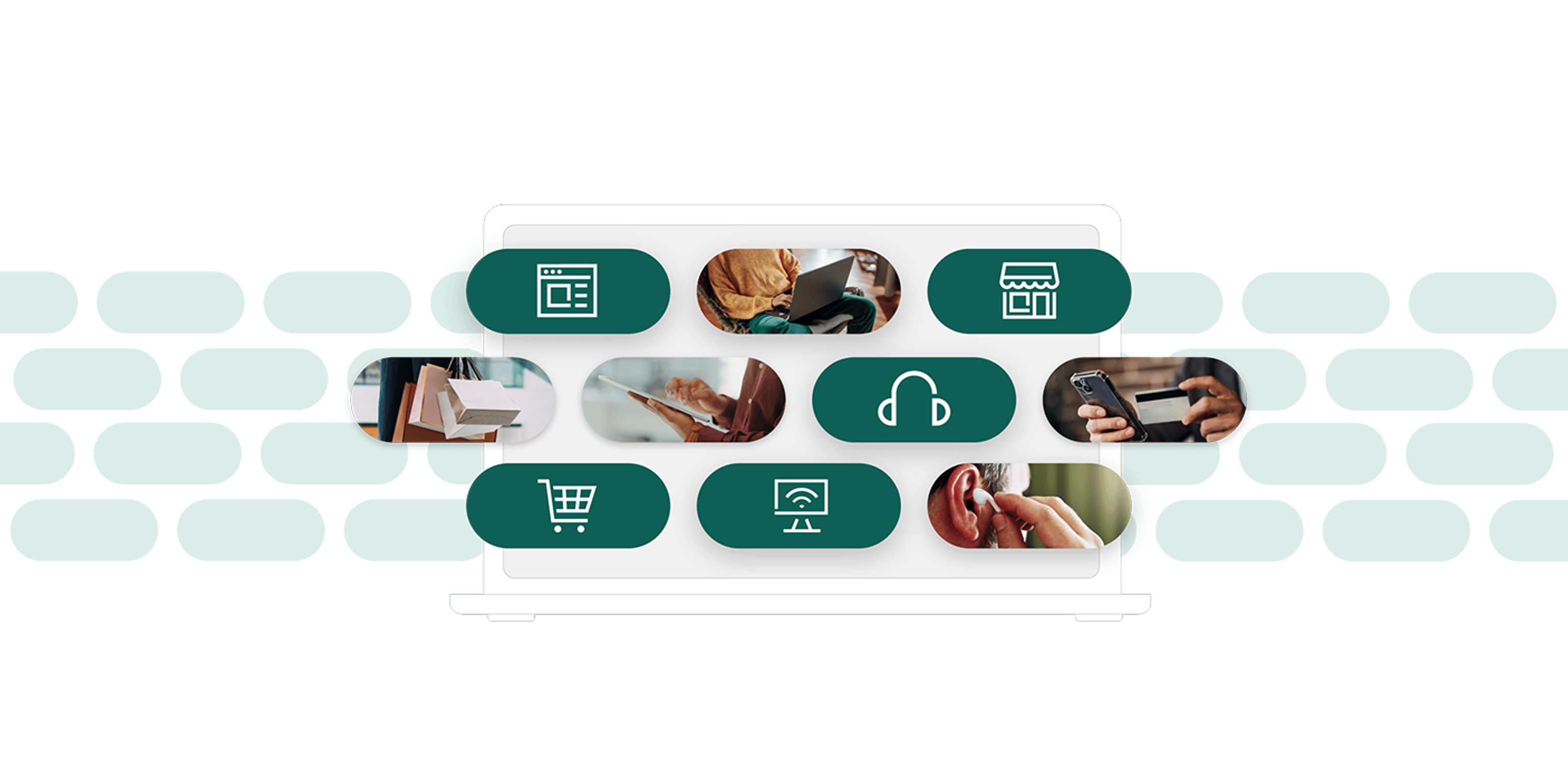 Digital illustration showing online shopping, mobile devices, and connected consumer experiences