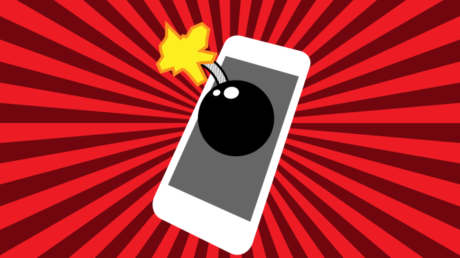 a cartoon illustrated black ball bomb with a fizzing fuse on a red and black background