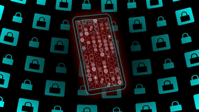 phone encryption on a dark background, with glyphs on the screen in red