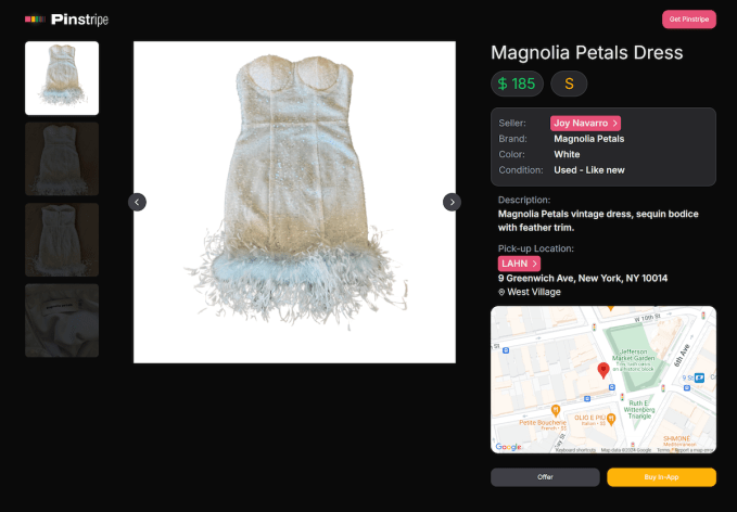 Listing of a dress on Pinstripe's web app